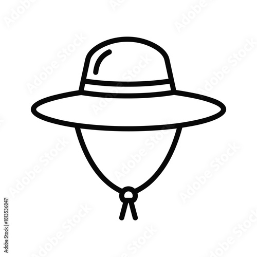 Simple black and white line icon of a wide brim sun hat with a chin strap, isolated on