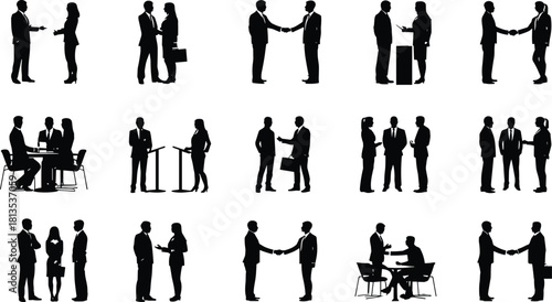 Collection of black silhouettes of business people in various interactions and settings