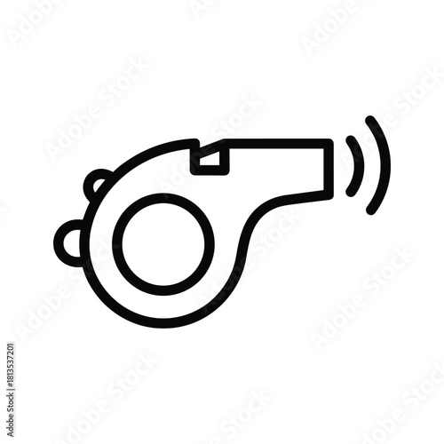 Simple black and white line icon of a referee or coach whistle blowing, isolated on