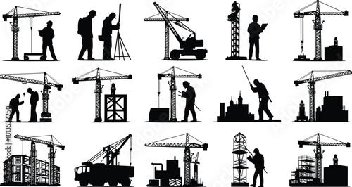 Collection of black silhouettes of construction cranes workers and buildings on white background