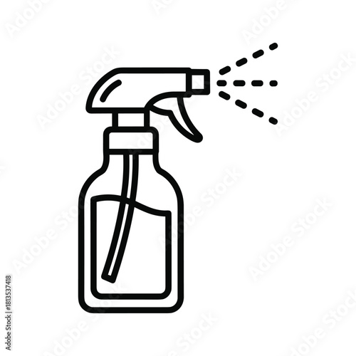 Outline icon of a spray bottle dispensing liquid in a fine mist, isolated on