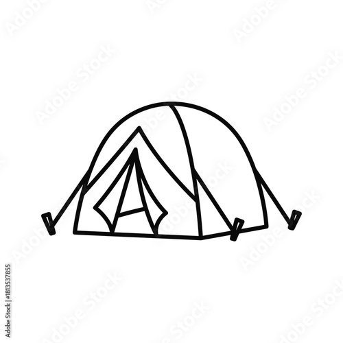 Simple black and white line art icon drawing of a dome camping tent isolated on