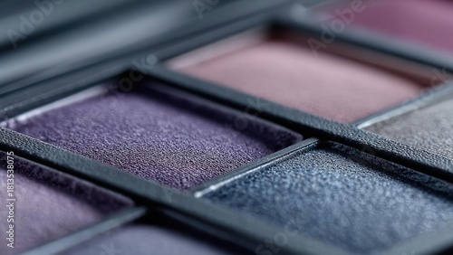 Close-up of a makeup eyeshadow palette with purple and pink shades. Concept Eyeshadow palette close-up, Purple and pink shades, Makeup detail shot, Beauty photography, Swatches and textures