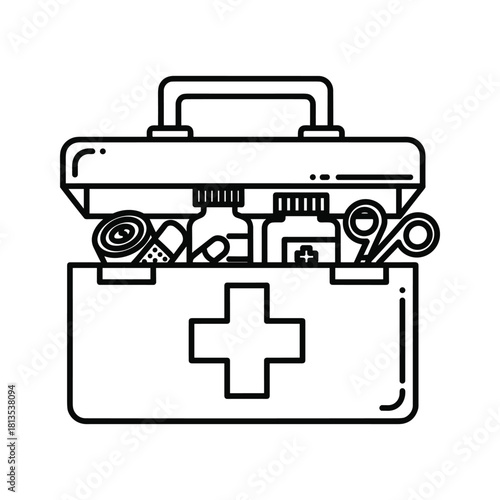 Outline icon of a first aid kit box with medical supply inside, isolated on