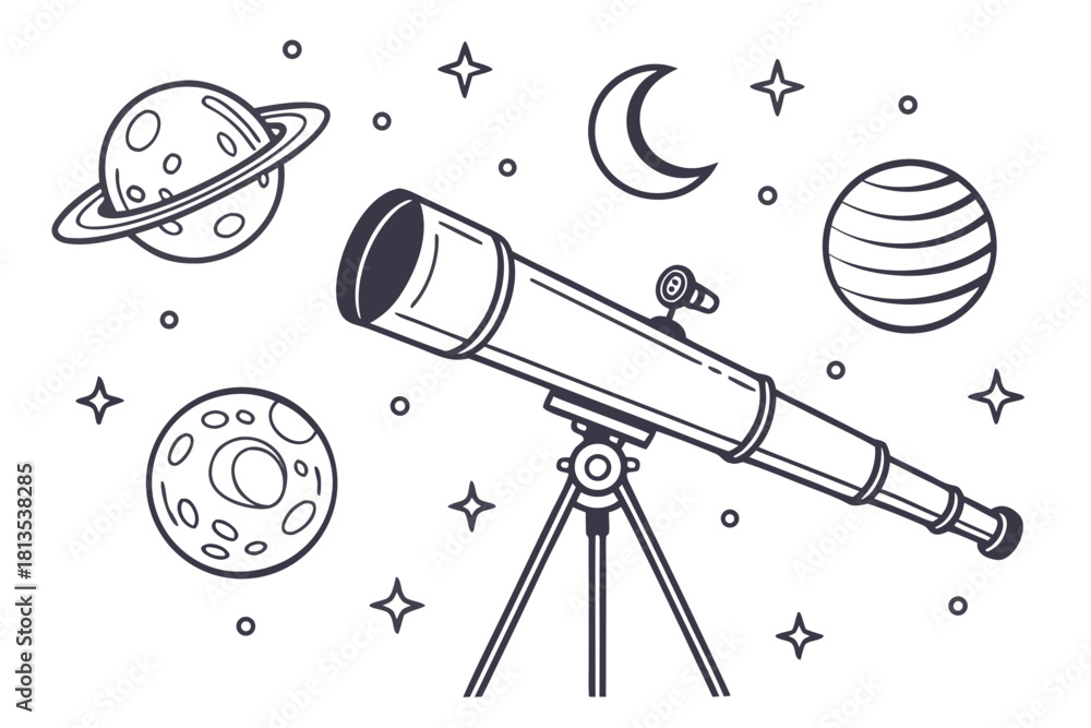 Naklejka premium Telescope and Planets Illustration on White Background saturn earth