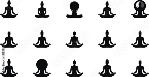 Collection of black silhouettes of people meditating in lotus pose on white background