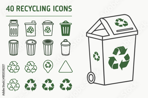 Set of recycling bins leaves and recycle symbols in outline and solid fill trash can