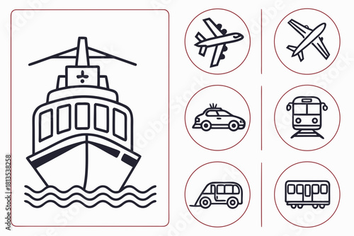 Icons of Airplane Ship and Train Transportation Vehicles vector illustration