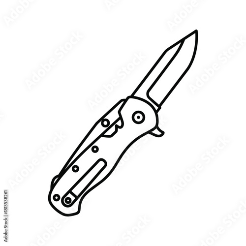 Outline drawing of a tactical folding pocket knife with a partially opened blade, isolated on