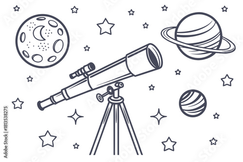 Space Exploration Theme with Telescope Planets Stars and Moons Keywords: space, astronomy, telescope