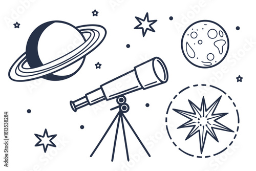 Cartoon Space Objects and Telescope on White Background planet saturn