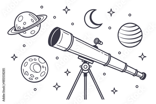 Telescope and Planets Illustration on White Background saturn earth