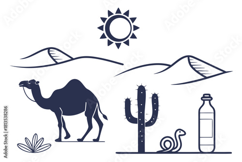 Desert Scene Elements Camel Cactus Palm Tree Sun and Snake vector illustration