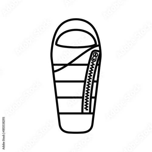 Simple black and white outline icon of a mummy style sleeping bag with zipper, isolated on