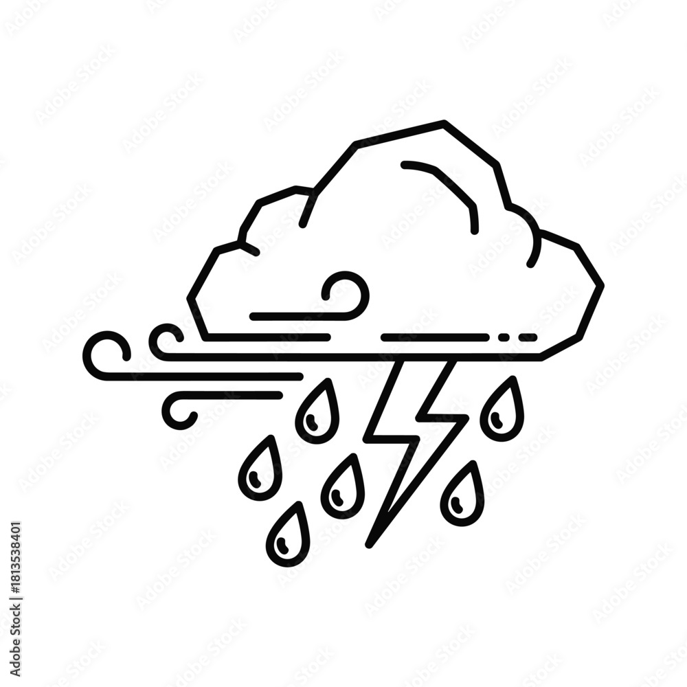 Fototapeta premium Outline icon of a stormy cloud with wind, rain, and lightning bolt, isolated on