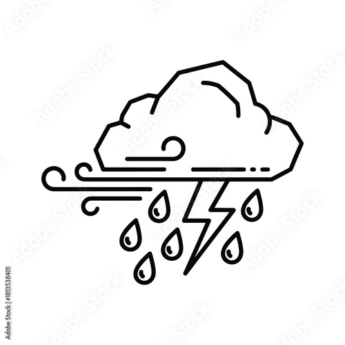 Outline icon of a stormy cloud with wind, rain, and lightning bolt, isolated on