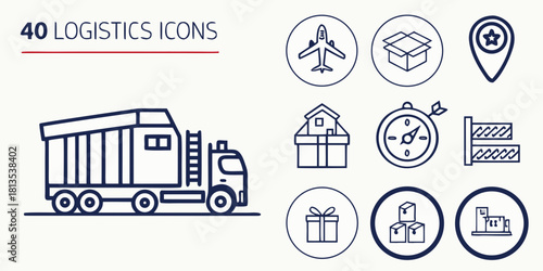 Logistics and Transportation Icons with Truck and Airplane on White container warehouse