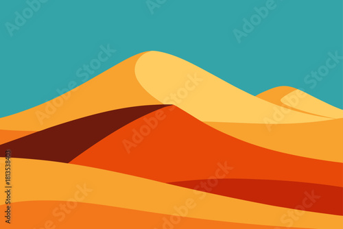 Vast stylized desert landscape with orange sand dunes under blue sky