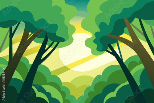 Vibrant green jungle forest canopy with sun rays through trees