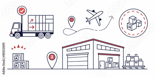 Logistics Process Flow Icons and Text on White Background truck container