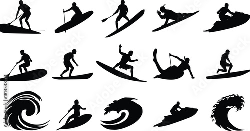 Collection of black silhouettes of people surfing paddleboarding and riding jet skis with stylized waves
