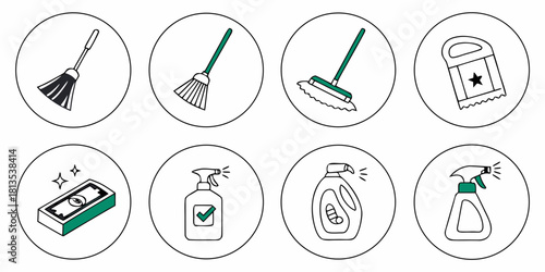 Cleaning Supplies Icons with Broom, Mop, Sprays, and Cleaning Fluid spray bottle