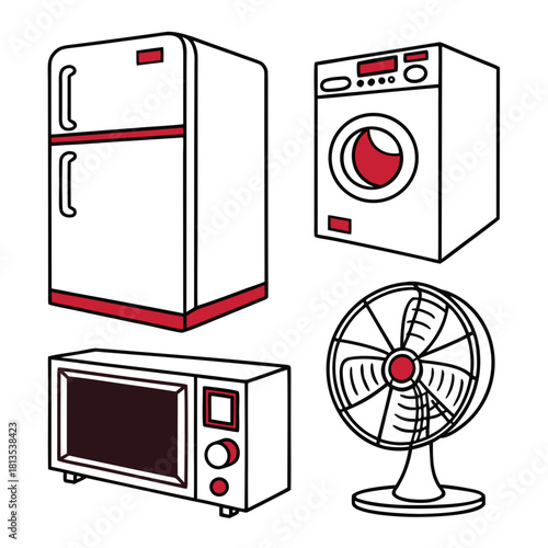Four stylized line art household appliances including a refrigerator and washing machine