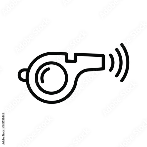 Simple black and white line icon of a blowing whistle with sound waves, isolated on