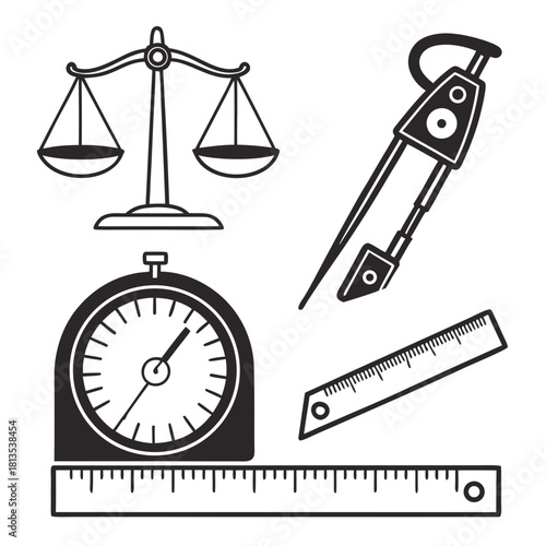 Collection of measuring tools including ruler caliper and two gauges measuring tape