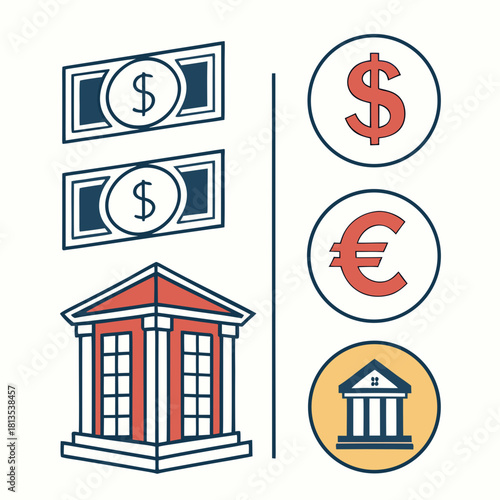 Four Currency Symbols in Circular Frames on White Background dollar euro