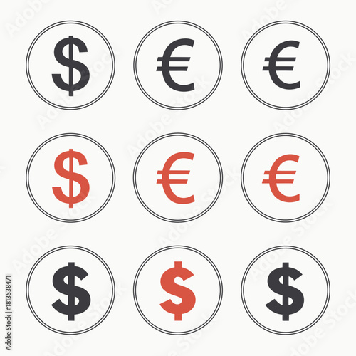 Collection of Currency Symbols in Circular Frames on White Background dollar euro