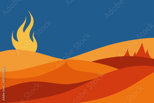 Vibrant desert dunes with rising flame symbol and blue sky