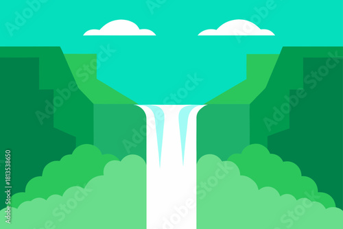 Minimalist vector illustration of a waterfall with green cliffs