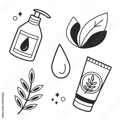 Skincare Product Icons With Leaves And Drops On White Background beauty lotion