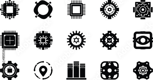 Collection of black technology and engineering icons on white background computer chip