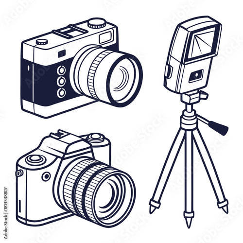 Collection of DSLR Cameras and Tripod with Screen Vector Illustration Keywords: camera, photography