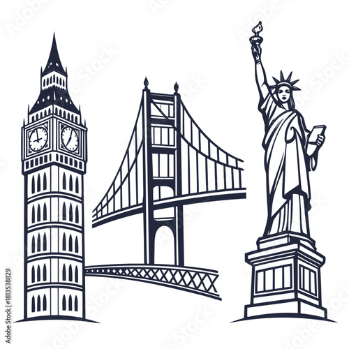 World Famous Landmarks Silhouette Tower of Pisa Golden Gate Statue of Liberty golden gate bridge