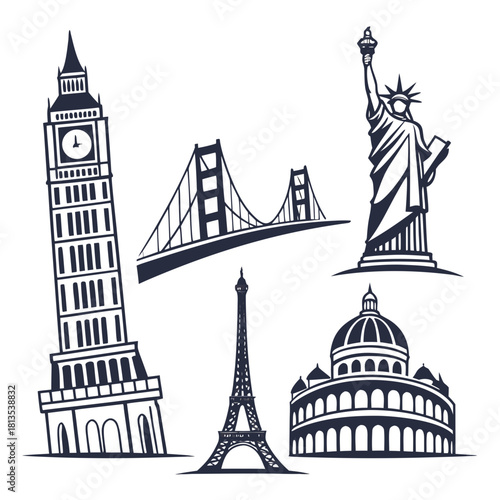 Famous World Landmarks Collection Big Ben Eiffel Tower Statue of Liberty Keywords: landmarks, travel