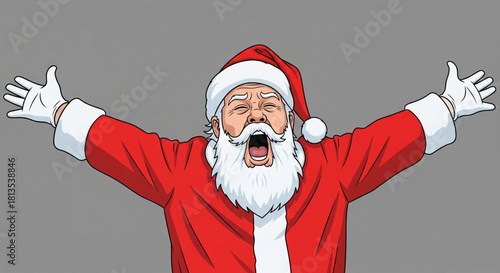 Vibrant illustration of a cheerful, bearded character in a classic red suit and hat, arms wide open, radiating immense joy and festive excitement for the holiday season