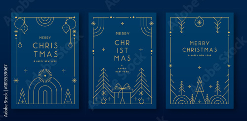 Set of modern Christmas frames or holiday greeting cards on blue background. Line art vector illustration