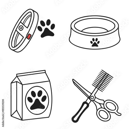 Four Black and White Icons for Pet Care and Grooming Keywords: pet, care, grooming, food, bowl