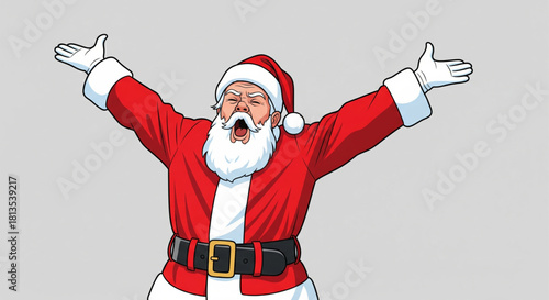Cheerful Santa Claus illustration with wide open arms, radiating warmth and happiness for the holiday season, a symbol of festive delight and giving