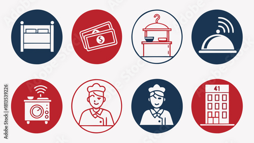 Hotel Service Icons Featuring Bed Building Receptionist and Wifi room illustration