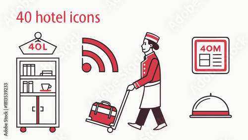 Hotel Services Icons with Bed Room Service and Reception Elements illustration
