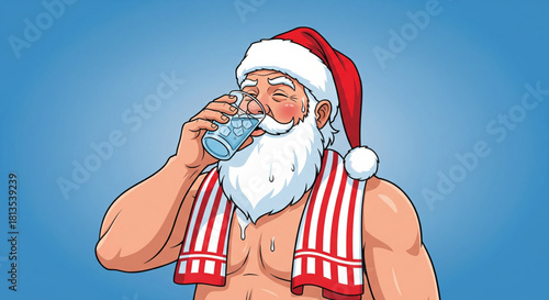 Jolly Santa Claus cools down with a refreshing glass of ice water, enjoying a much-needed break from the summer heat during his off-season or tropical holidays