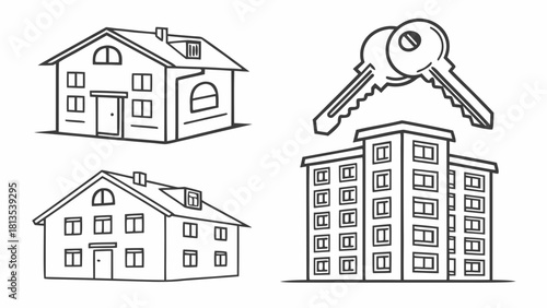Line art illustrations of a multi-story building, a house, and a key with tag home