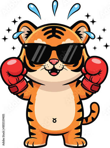 Cool cartoon tiger boxer with sunglasses and red gloves sweating and smiling confidently.