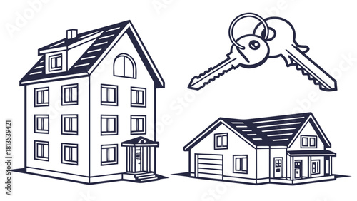 Detailed line art of an apartment building, a house with garage, and keys home real estate