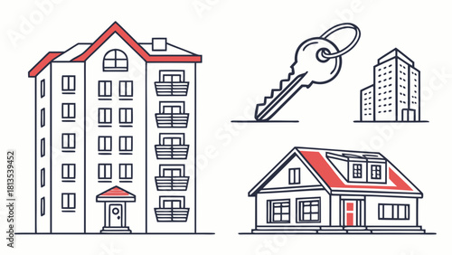 Stylized illustrations of an apartment building, a house, and keys with tags home
