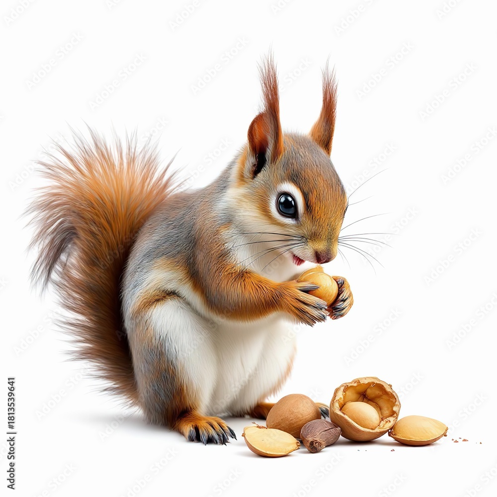 Fototapeta premium Cute squirrel eating a nut isolated on white background